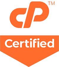 An orange and white logo with the words cp certified.