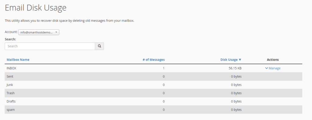 This image shows an email disk usage interface for managing storage by deleting old messages, with various mailboxes and their respective data usage listed.