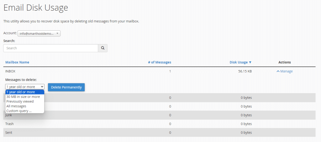 The image shows an 'Email Disk Usage' screen from a web hosting control panel, indicating options for deleting old messages to free up space.