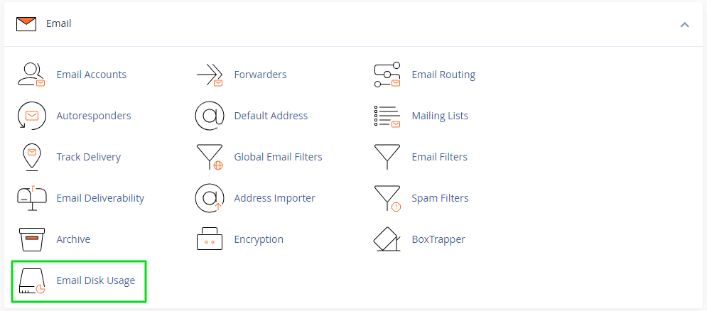 The image shows a web hosting control panel interface highlighting various email management options, with "Email Disk Usage" currently selected.
