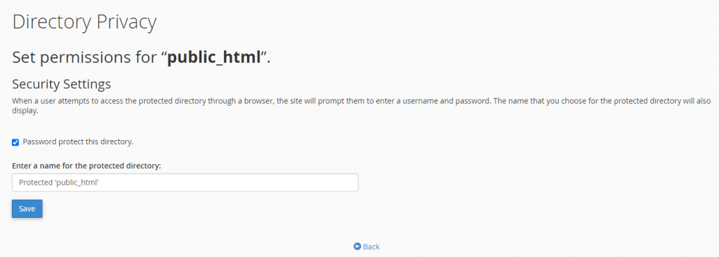 The image shows a web interface for setting directory privacy, specifically to password-protect a directory named "public_html" and the option to save changes.