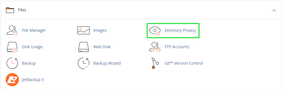 The image shows a computer interface with icons for file management tasks, including "Directory Privacy" highlighted within a green rectangle.