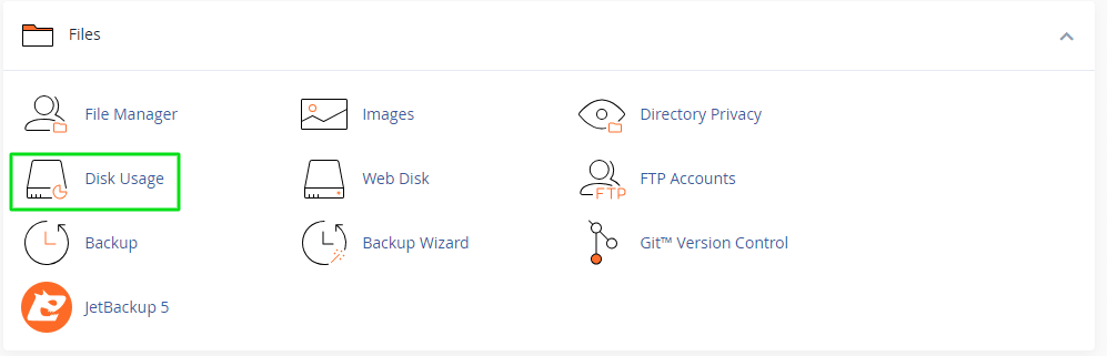 The image displays a user interface of a file management system, highlighting the 'Disk Usage' option among various other tools like 'File Manager' and 'Backup'.