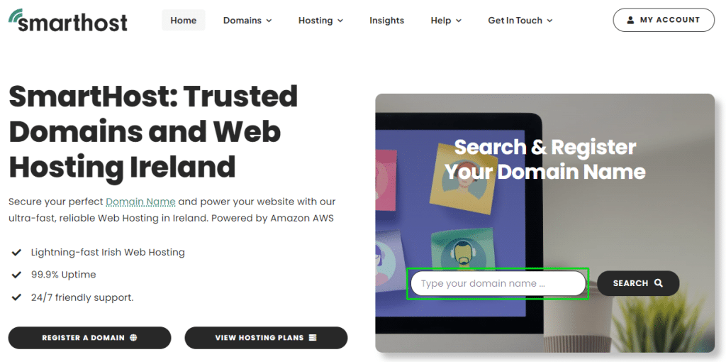 An image of the Smarthost website home page, with the domain search box highlighted in Green