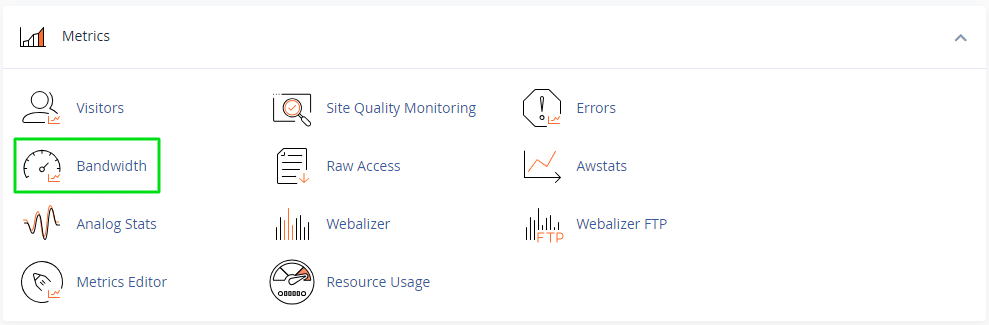 A screenshot of the SmartHost c{anel Metrix section, with the Bandwidth option highlighted in gree.