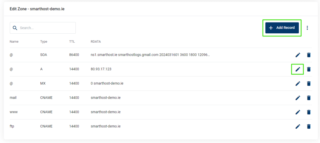 Dns zone editor interface displaying records for a domain with options to add and edit records.
