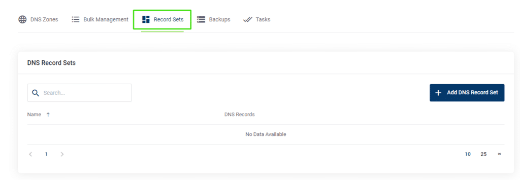 User interface of a dns management system highlighting the "record sets" section.