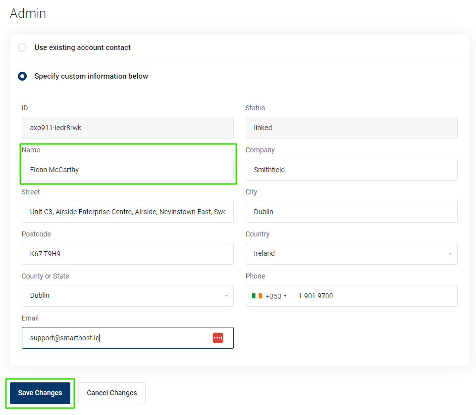 Screenshot of an admin panel with a user's contact information form displayed, showing filled fields for name, company, and email.