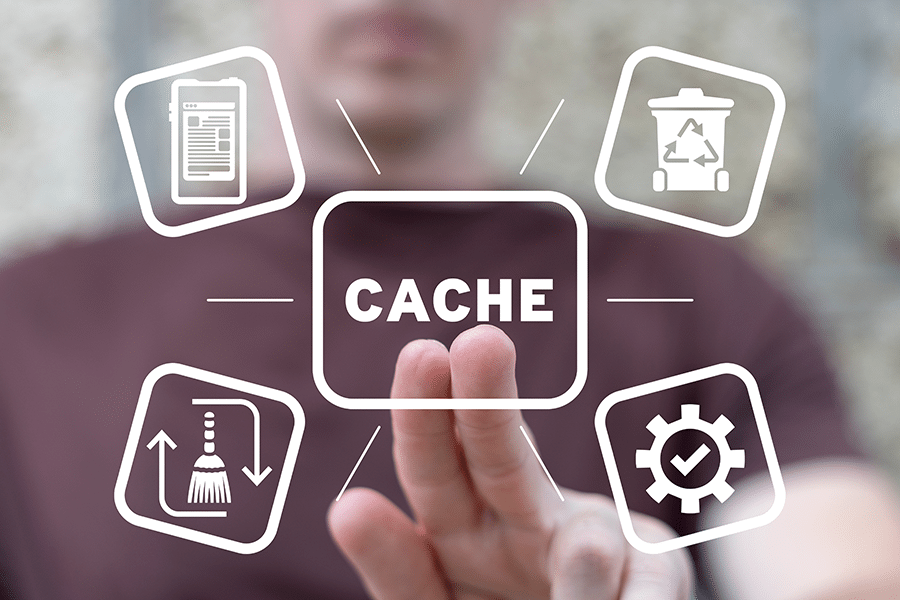 Person pressing a virtual button labeled "CACHE" surrounded by icons representing a phone, recycling bin, broom, and gear.