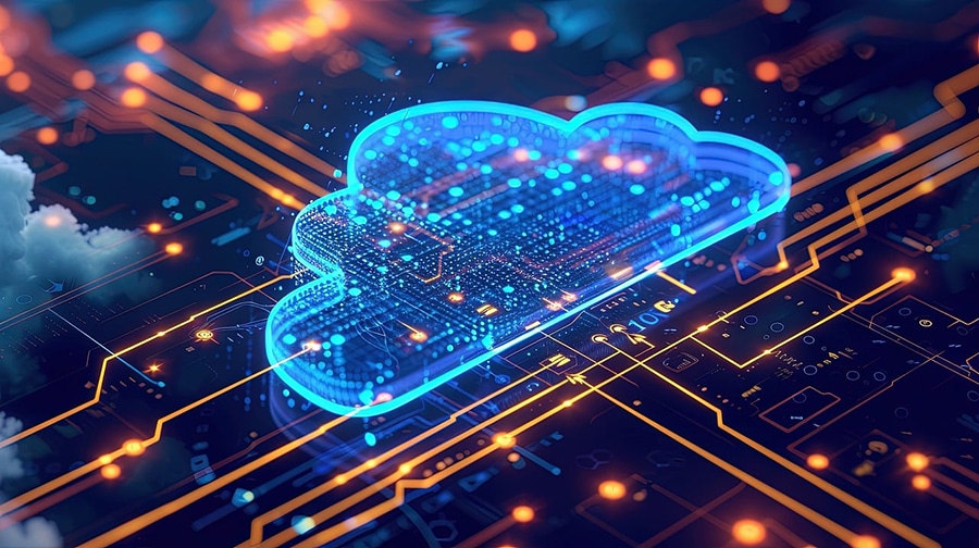 A glowing digital cloud icon is superimposed over a circuit board, representing cloud computing and data integration.