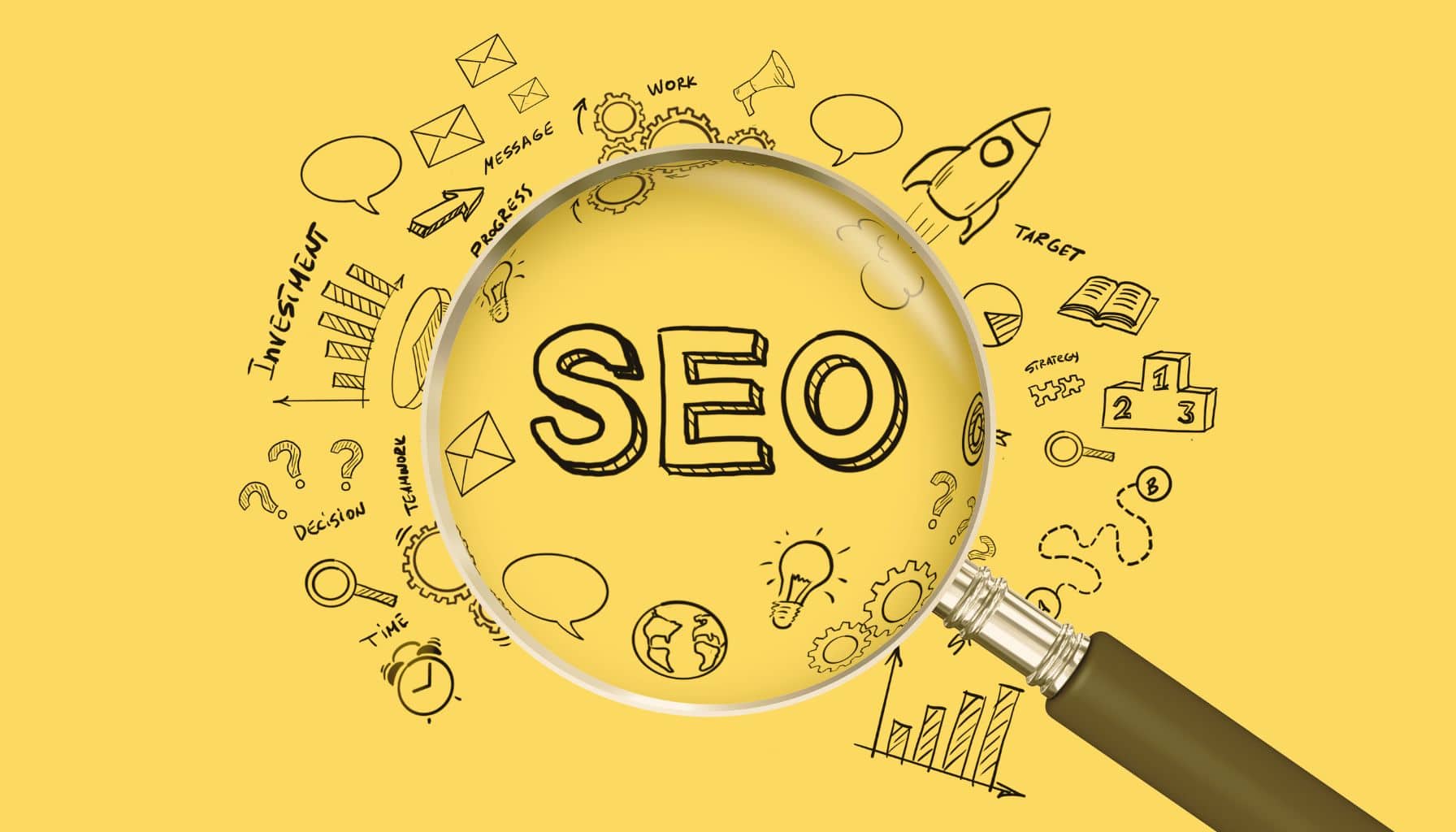 Magnifying glass highlighting the word "SEO" surrounded by hand-drawn icons and charts on a yellow background.