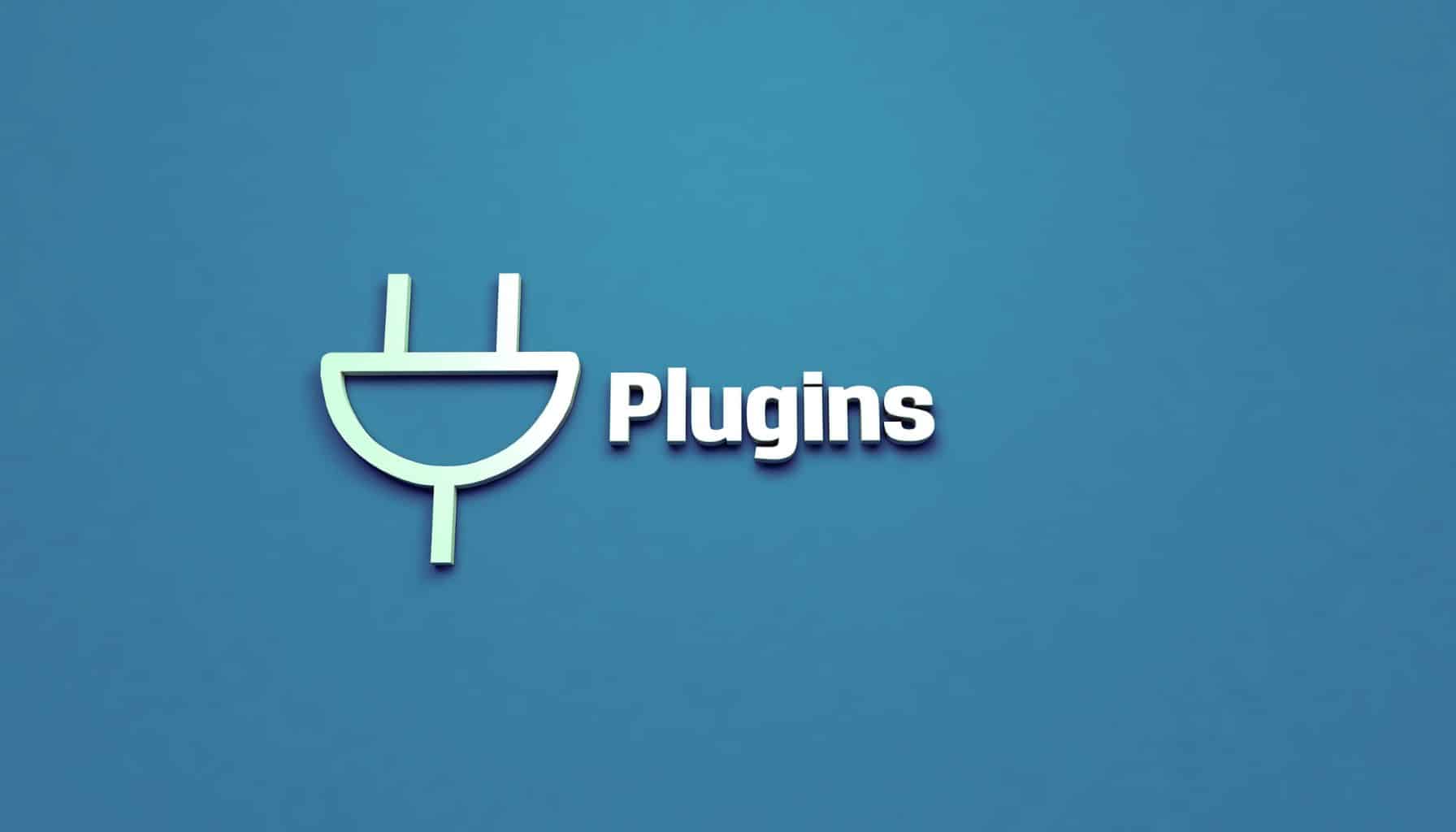 An icon of a plug alongside the word "Plugins" on a blue background.