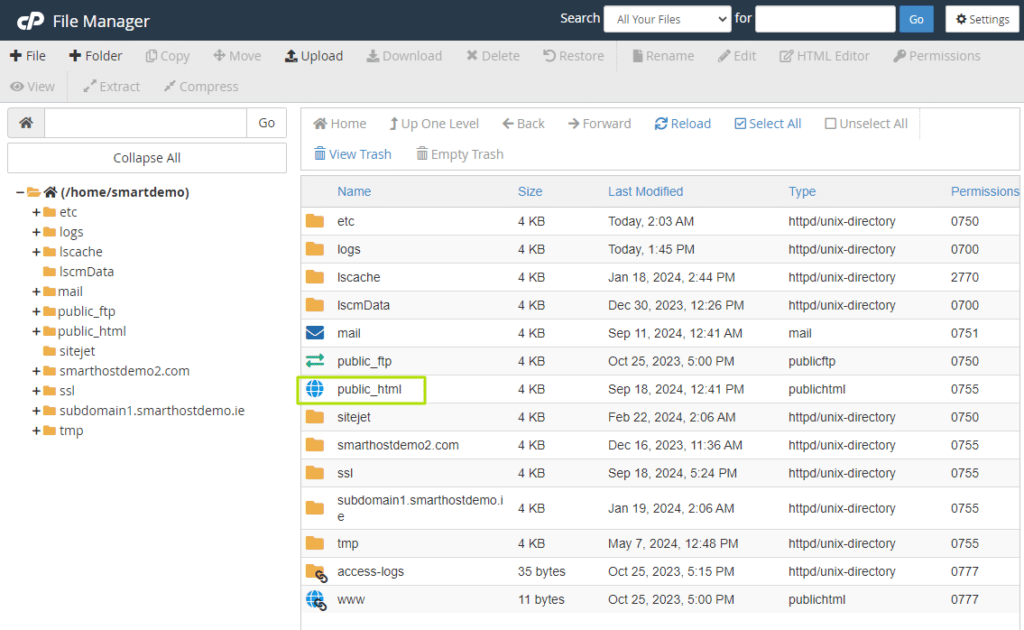 Screenshot of a cPanel File Manager interface displaying various folders such as etc, logs, mail, and public_html, along with their size, last modified date, type, and permissions.