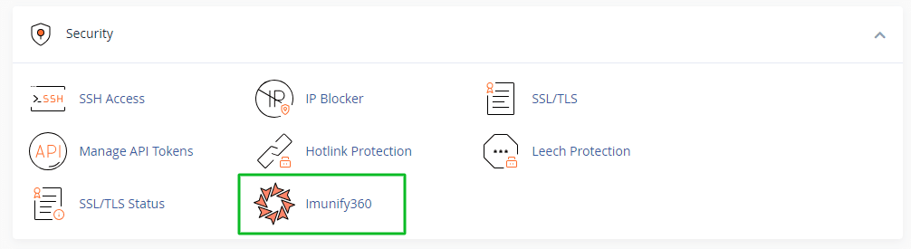 Security settings interface showing options: SSH Access, IP Blocker, Hotlink Protection, Leech Protection, API Tokens, SSL/TLS Status, SSL/TLS, with Imunify360 highlighted.