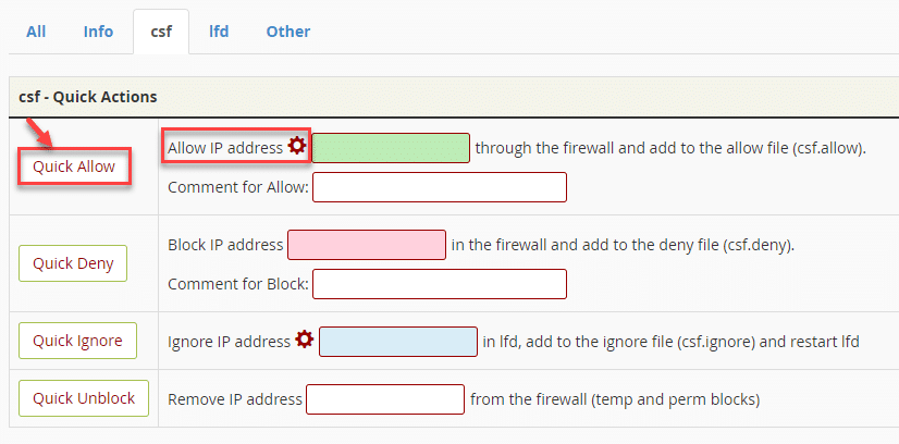 Screenshot of a firewall management interface showing options to allow, deny, ignore, or unblock IP addresses, with fields for comments and file paths.