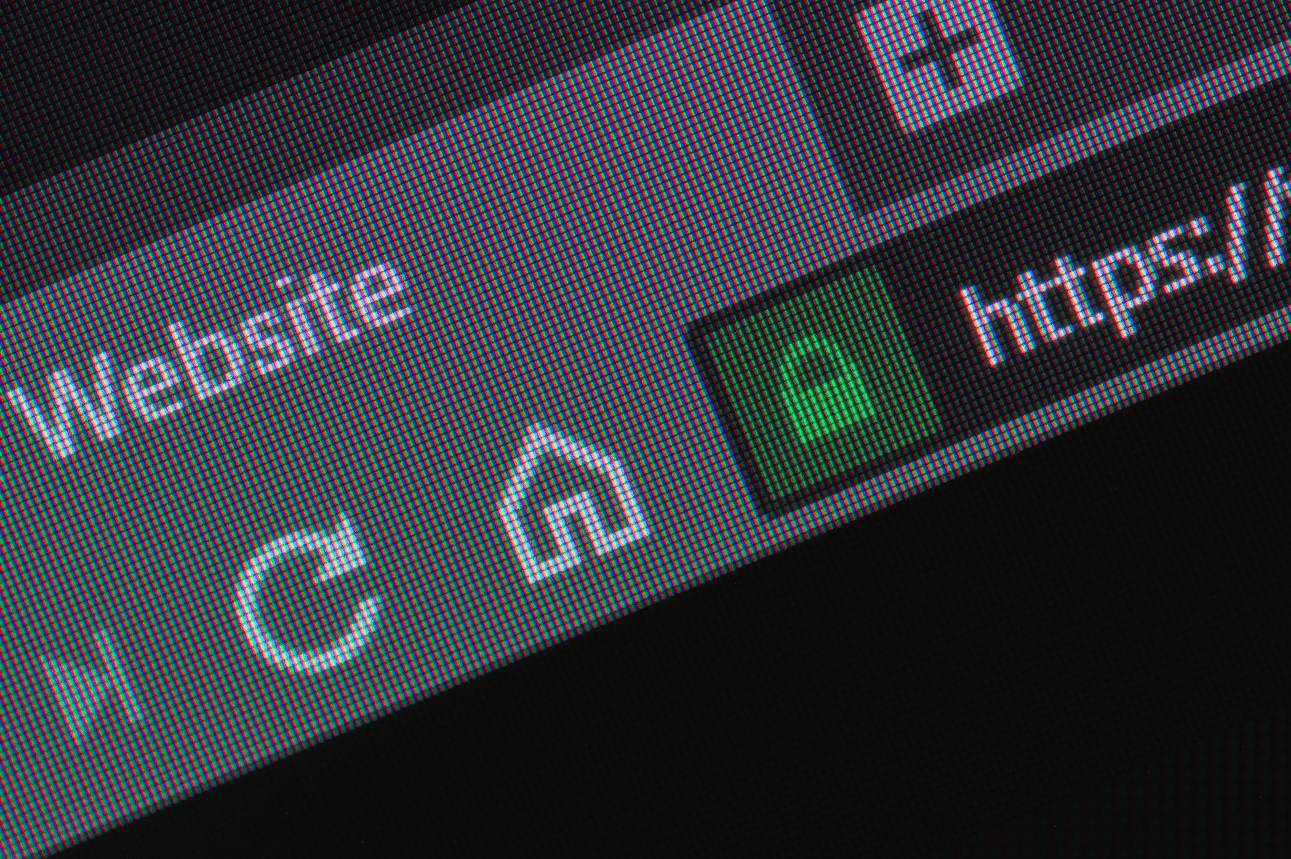 Close-up of a web browser address bar showing a secure connection with a green padlock icon and the text "https://".