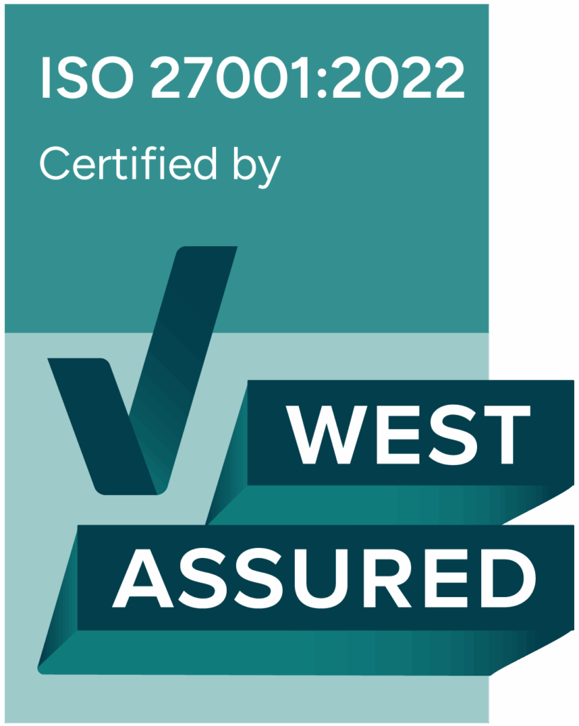 ISO 27001:2022 Certified by West Assured logo with a large checkmark and bold text on a teal background.