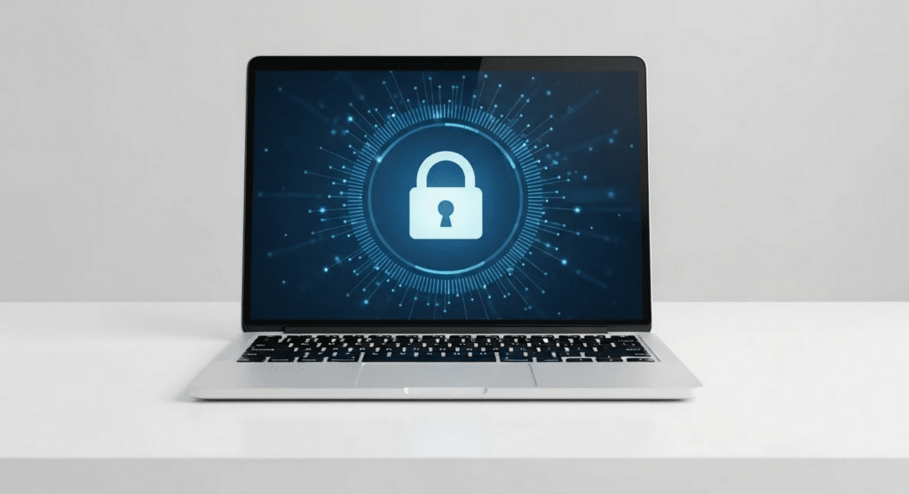 A laptop on a white desk displays a padlock symbol on its screen, representing digital security or data protection.