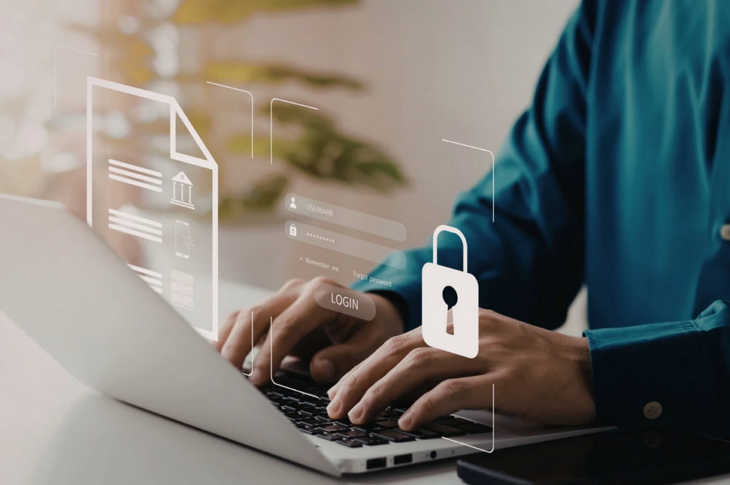 A person types on a laptop with digital icons of a document, login form, and padlock overlaid, suggesting online data entry and cyber security.
